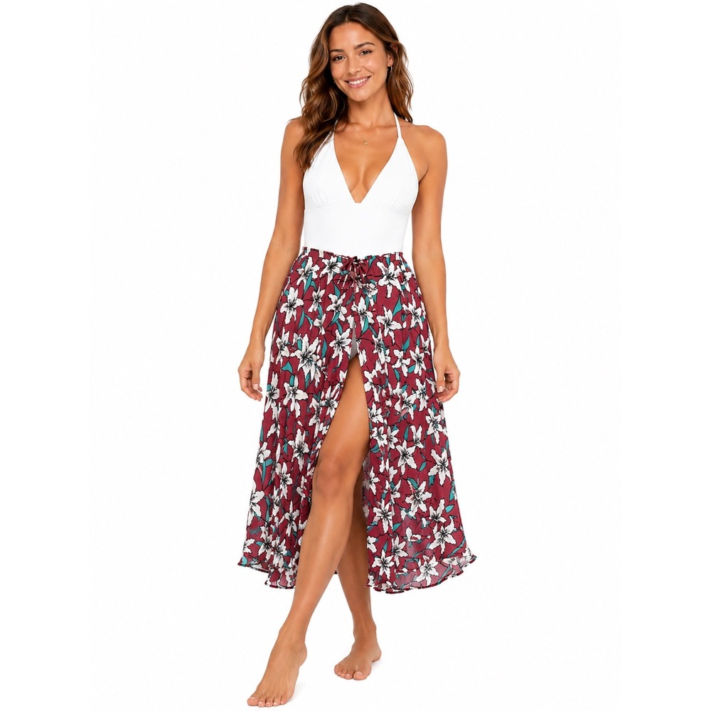 O'Neill Floral Maxi Skirt Medium Burgundy Teal Tropical Coastal‎ Button Front